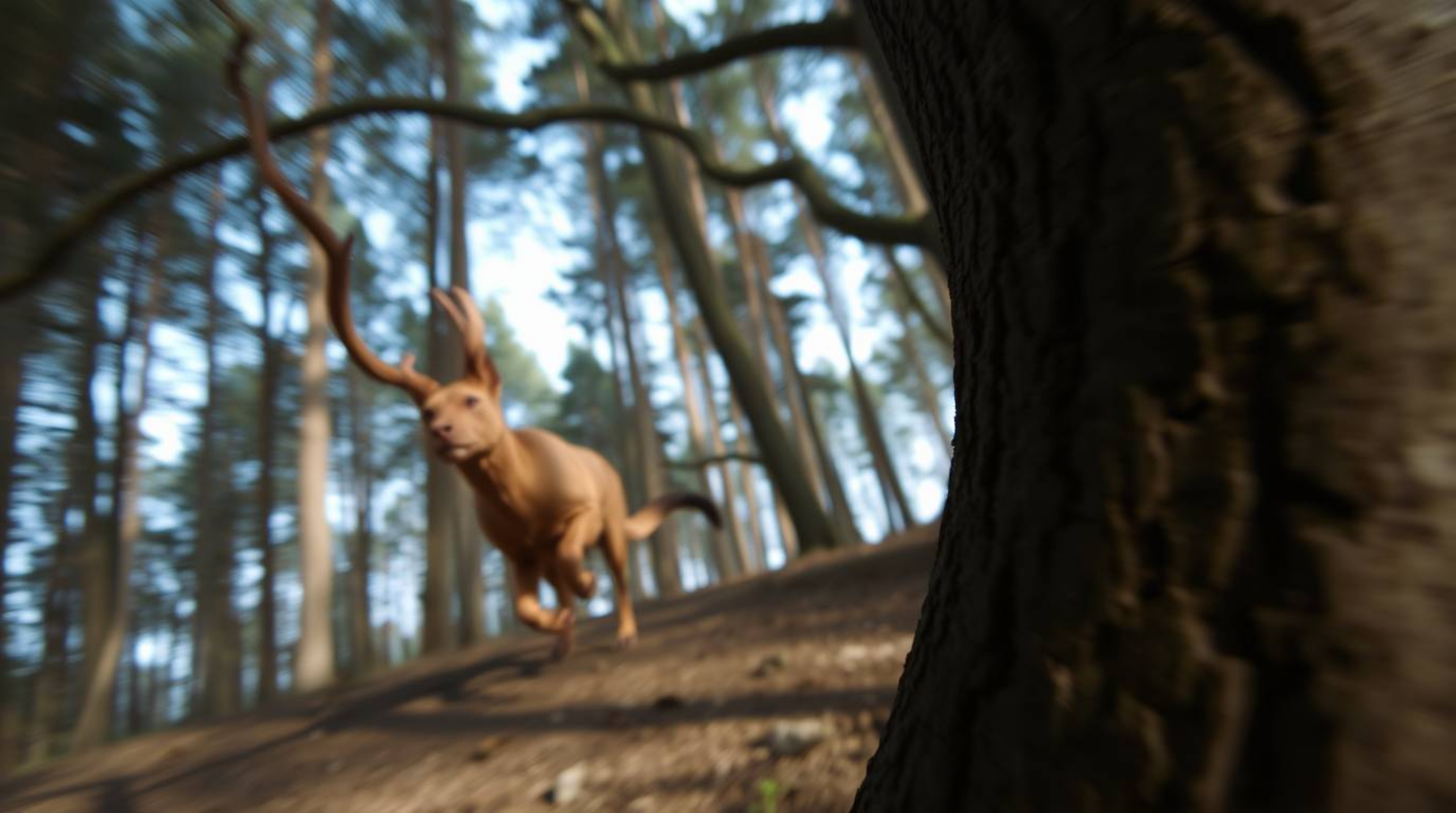 A tight close-up shot focusing on a chase unfolding within a looping forest background, meticulously emphasizing textures and