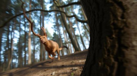 A tight close-up shot focusing on a chase unfolding within a looping forest background, meticulously emphasizing textures and
