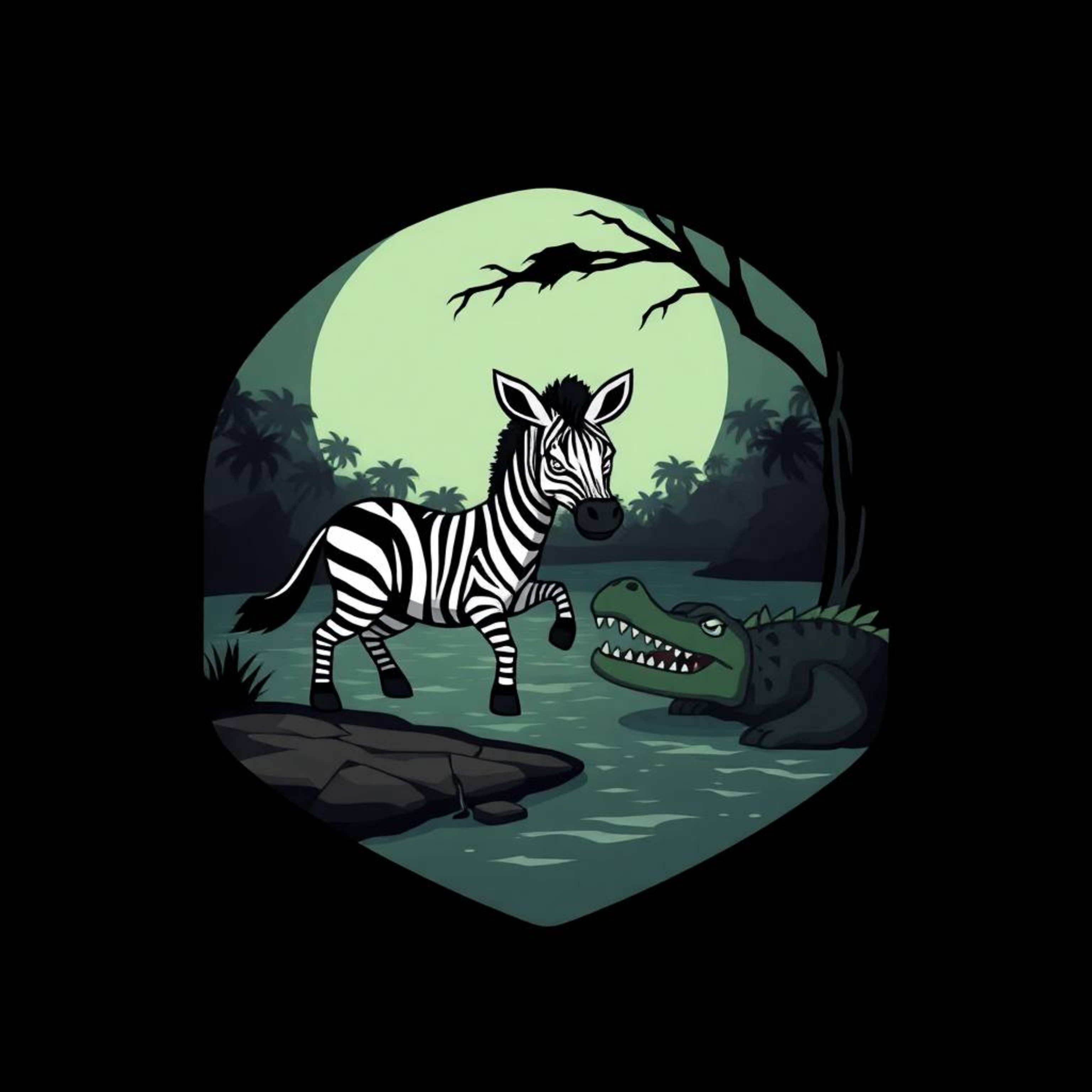 Eerie and captivating geometric logo design featuring a 3D cartoon zebra escaping a friendly crocodile near a jungle riverban