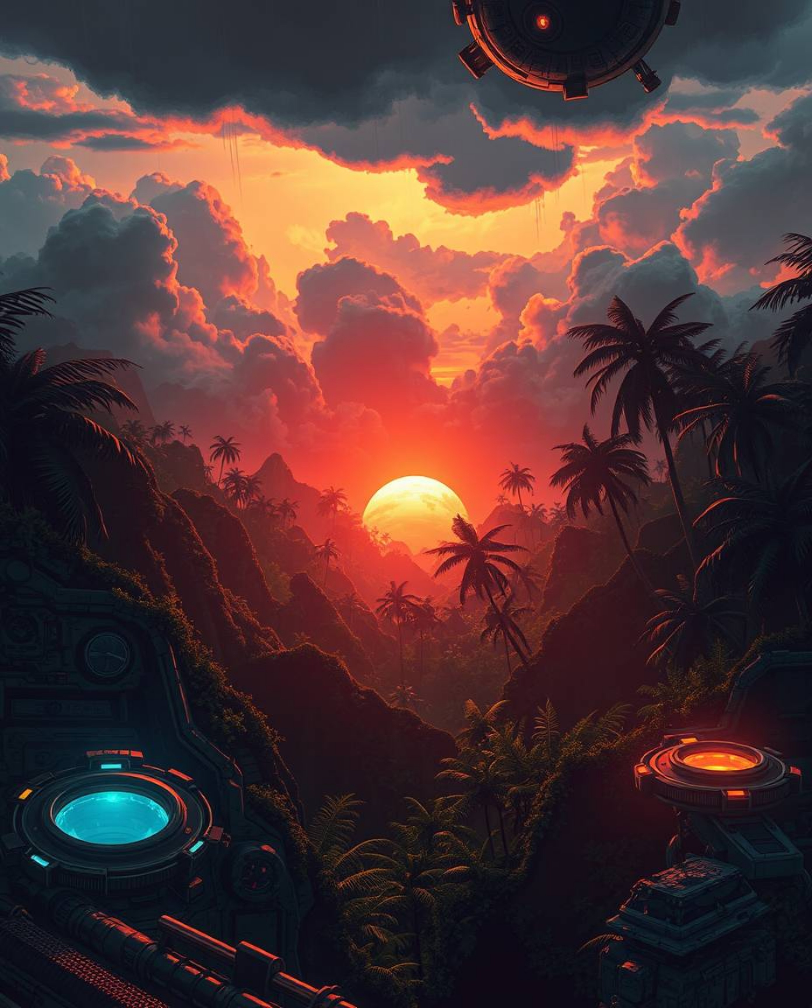 A futuristic sci-fi illustration captures a dramatic sunset through a dense jungle canopy from a high-angle perspective. The 