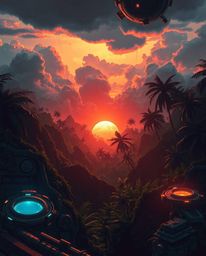 A futuristic sci-fi illustration captures a dramatic sunset through a dense jungle canopy from a high-angle perspective. The 