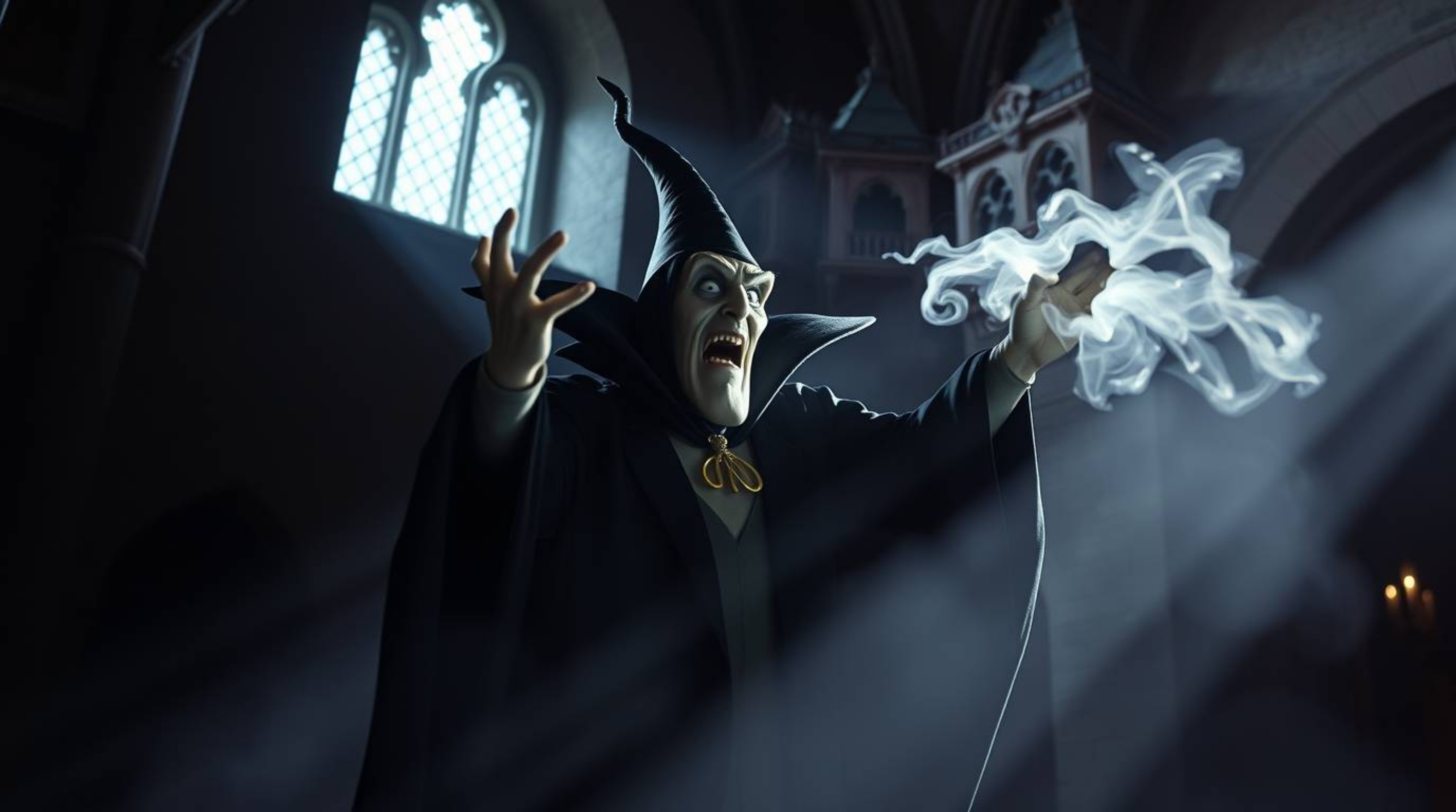A classic Disney villain casting a spell within the aged walls of an old castle, bathed in the enchanting glow of natural lig