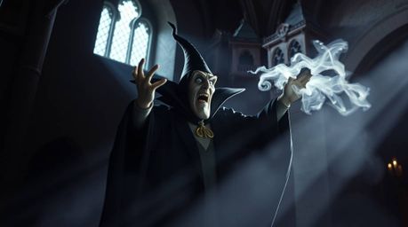 A classic Disney villain casting a spell within the aged walls of an old castle, bathed in the enchanting glow of natural lig