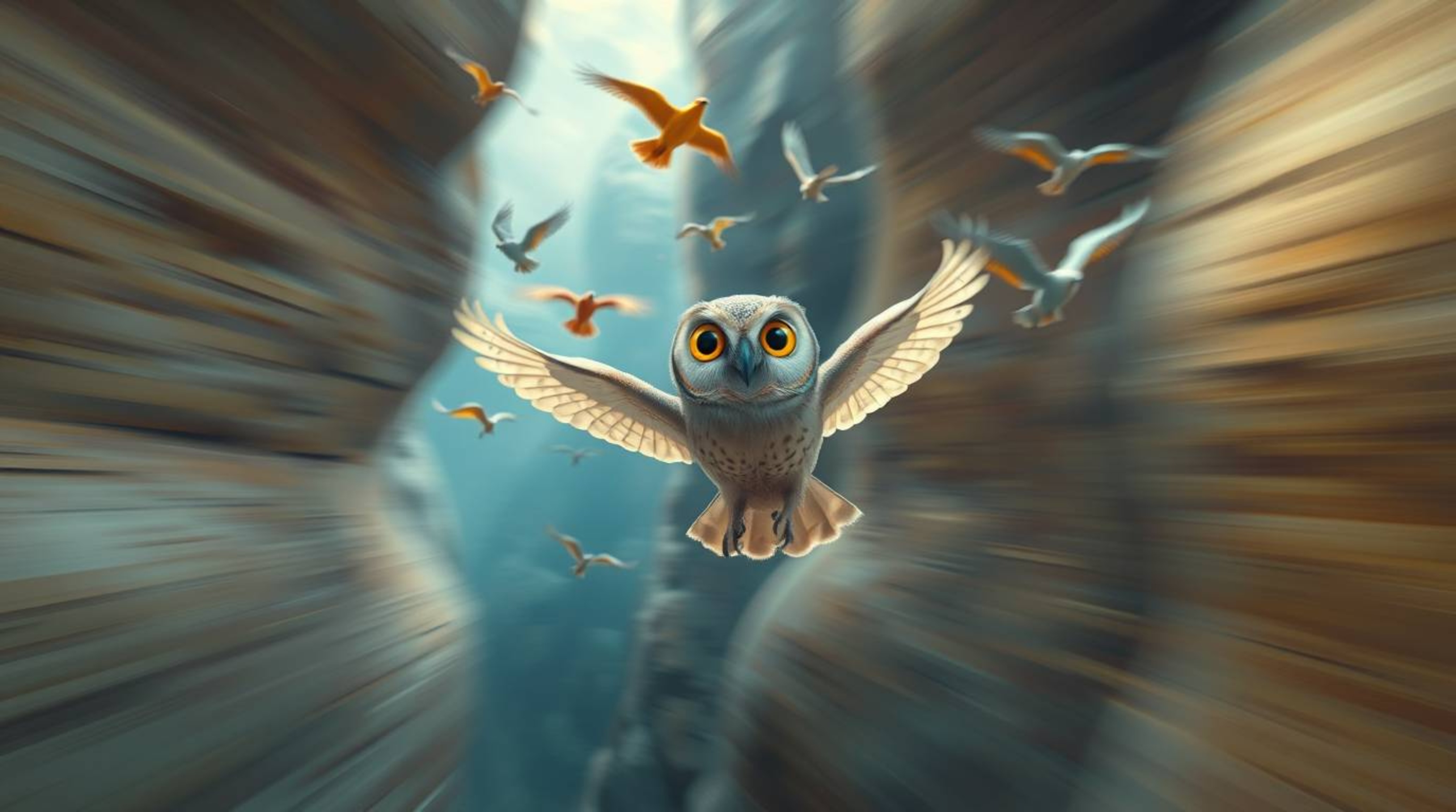 This ethereal and cinematic photograph captures a wise-looking blind owl, rendered in a beautiful Pixar animation style, as i