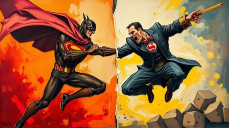 Witness a distinct split classic oil painting depicting a superhero, cape billowing dramatically, engaged in combat with a co