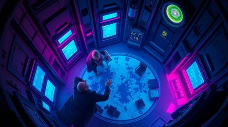 A vibrant and dynamic scene captured from a bird's-eye perspective, featuring a villain experiencing a humorous breakdown wit