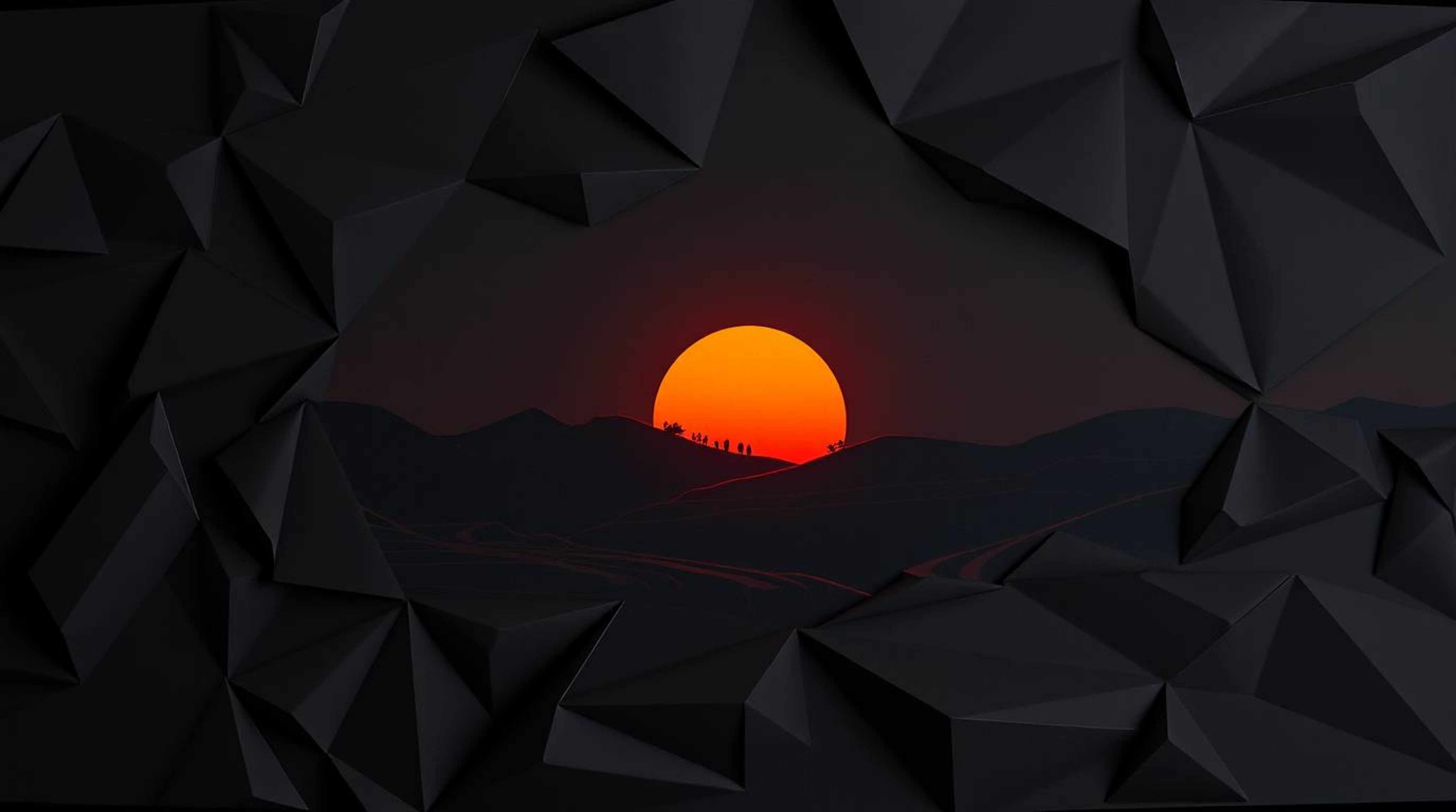 A visually striking sunset over rice terraces, rendered in an intricate origami style. The scene features dark tones, geometr