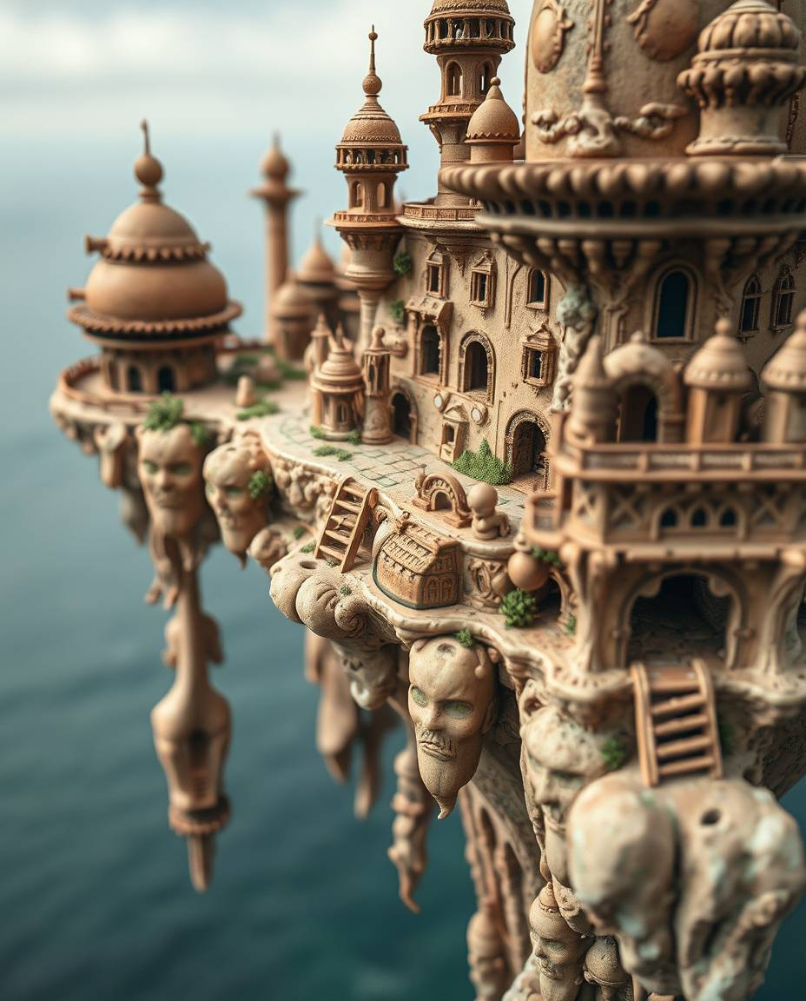 This artwork features a tight close-up shot of a surreal floating island showcasing strange and intricate architecture. The d