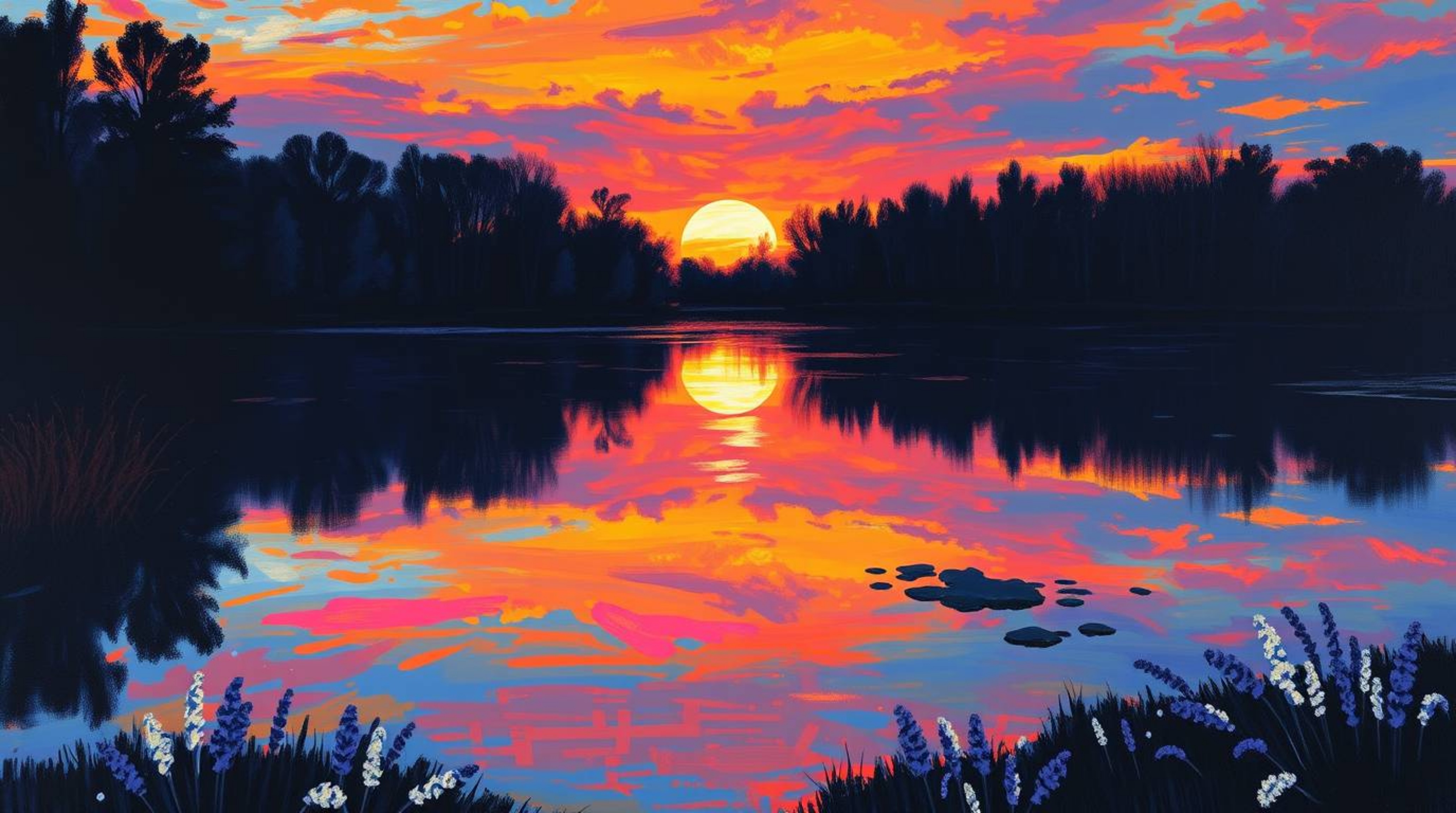 This striking acrylic painting captures the serene beauty of a calm pond reflecting a vibrant sunset.  The artist employs con