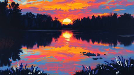This striking acrylic painting captures the serene beauty of a calm pond reflecting a vibrant sunset.  The artist employs con