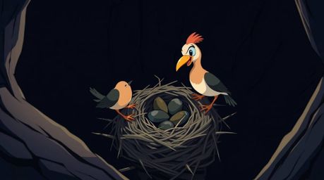A captivating illustration showcases two cartoon birds diligently constructing a nest, rendered in a classic animation style.