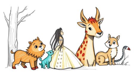 This image features a hand-drawn sketch of a princess singing with forest animals in a vintage 2D animation style. The artwor