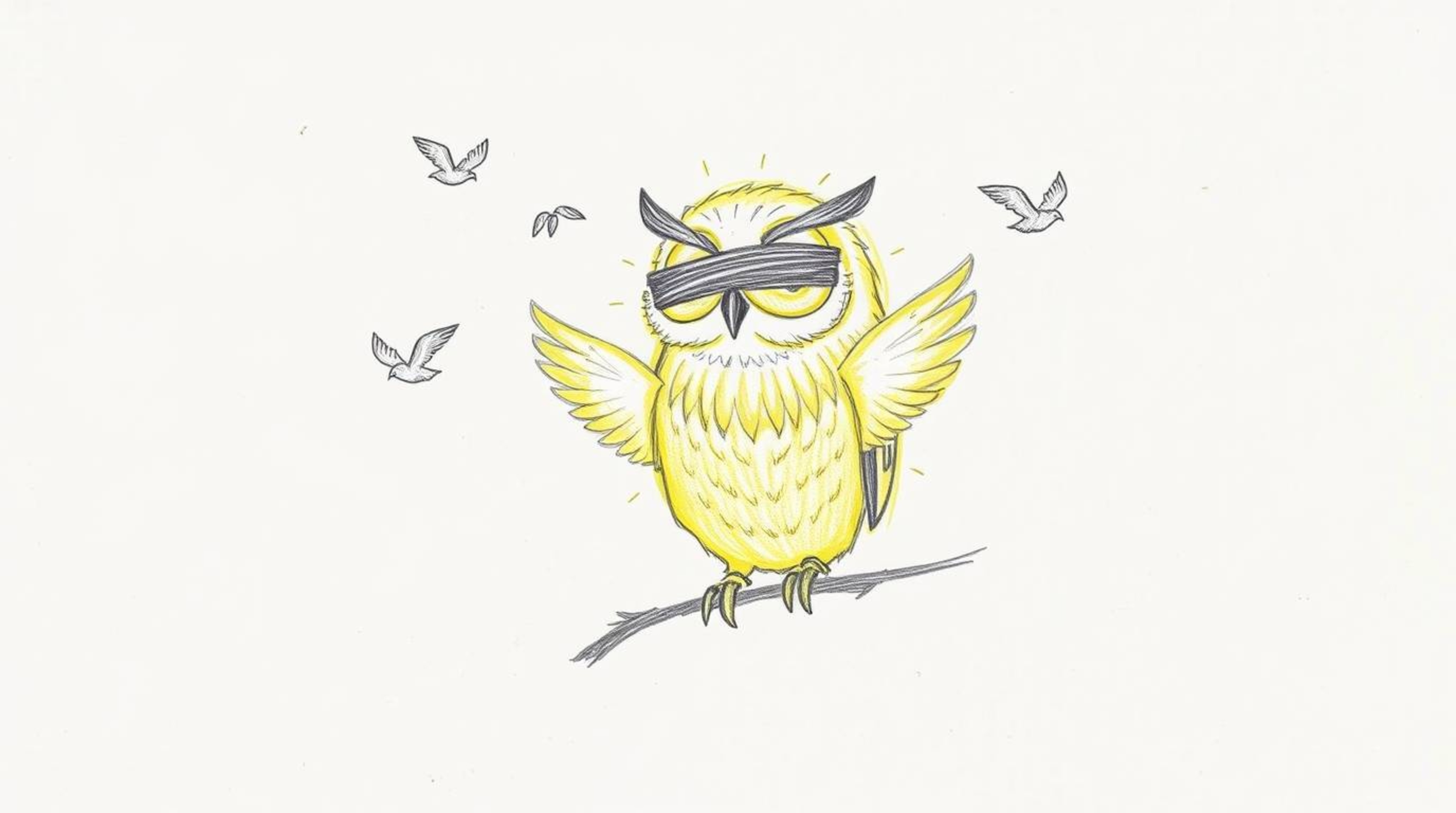 A heartwarming, hand-drawn sketch inspired by Pixar, portraying a blind owl with sunlit, glowing feathers as it guides birds 