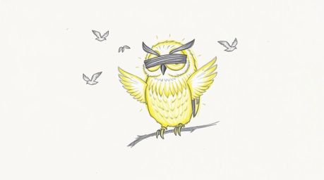 A heartwarming, hand-drawn sketch inspired by Pixar, portraying a blind owl with sunlit, glowing feathers as it guides birds 