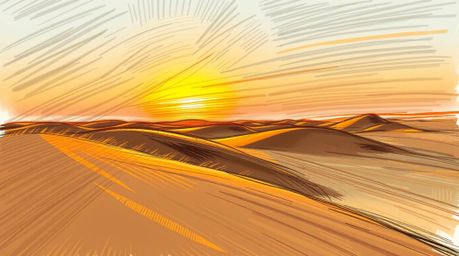A captivating hand-drawn sketchnote depicts a mesmerizing sunset casting a golden glow over desert dunes.  Blurred lines and 