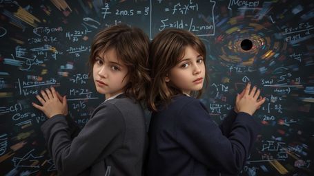 In a highly dramatic, cinematic photograph with a vibrant, Pixar-inspired style, two 12-year-old science fair contestants sta