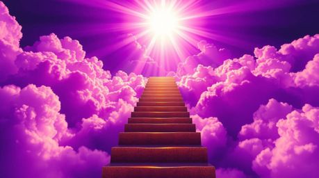 A captivating digital painting depicts a golden staircase ascending through vibrant purple clouds towards a radiant heaven. S