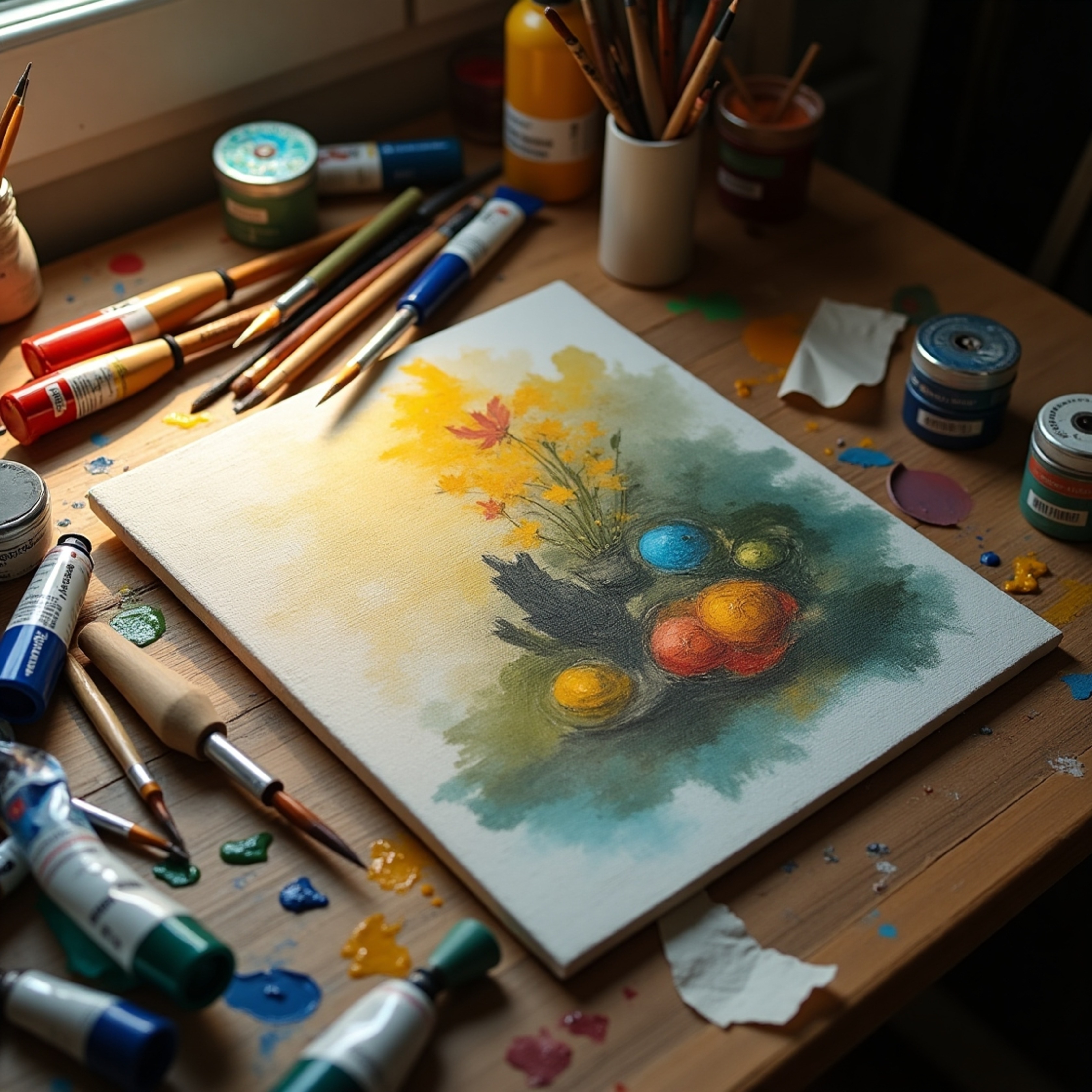 A warm, softly lit artist's desk overflows with creative chaos. Worn paintbrushes, twisted tubes of oil paint with vibrant bl