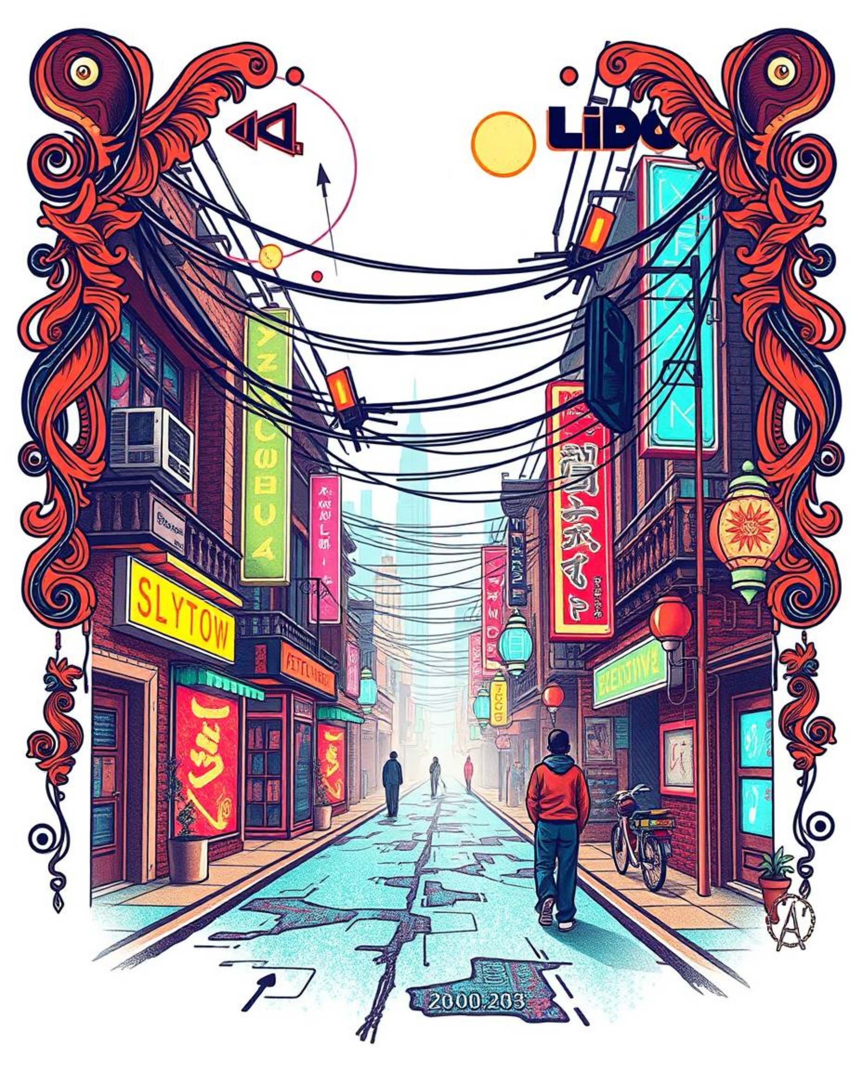 Explore a captivating symbolic traditional tattoo art print featuring a pixelated glitch image of a cyberpunk street bathed i