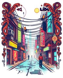 Explore a captivating symbolic traditional tattoo art print featuring a pixelated glitch image of a cyberpunk street bathed i