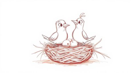 A captivating hand-drawn sketch depicts two charming cartoon birds diligently constructing their nest. Rendered in a classic