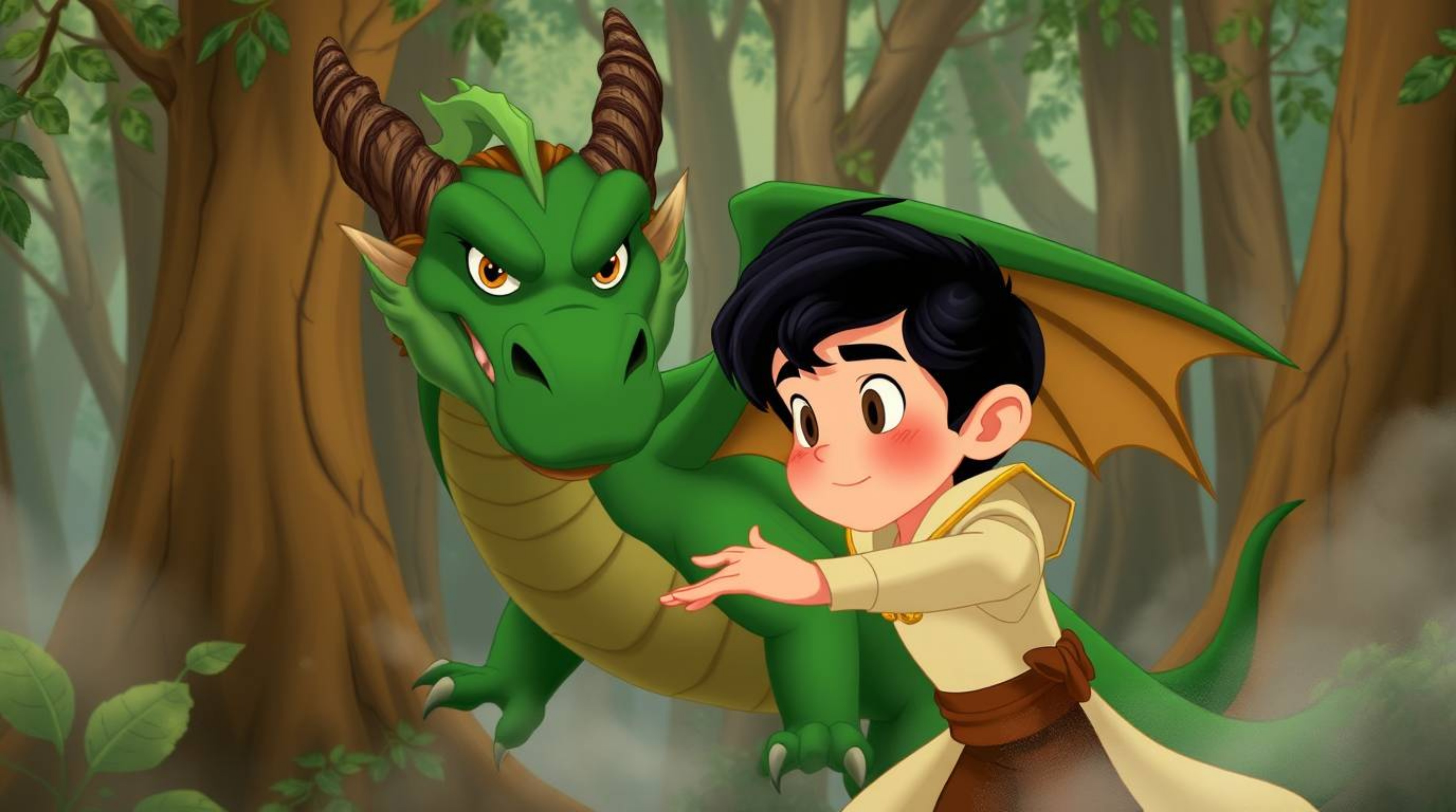 A charming prince, rendered in a nostalgic 1950s animation style, battles a vibrant green dragon within a mystical forest.  T