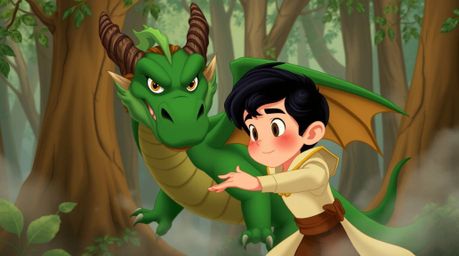 A charming prince, rendered in a nostalgic 1950s animation style, battles a vibrant green dragon within a mystical forest.  T