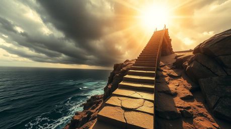 A dramatic staircase emerges from the ocean, reaching towards a stormy sky illuminated by a divine sunburst, creating an epic