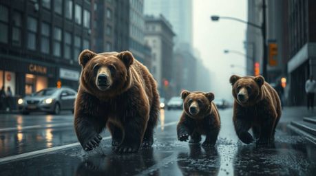 Capture the essence of a captivating urban adventure with this moody photograph. A bear family explores the city on a rainy