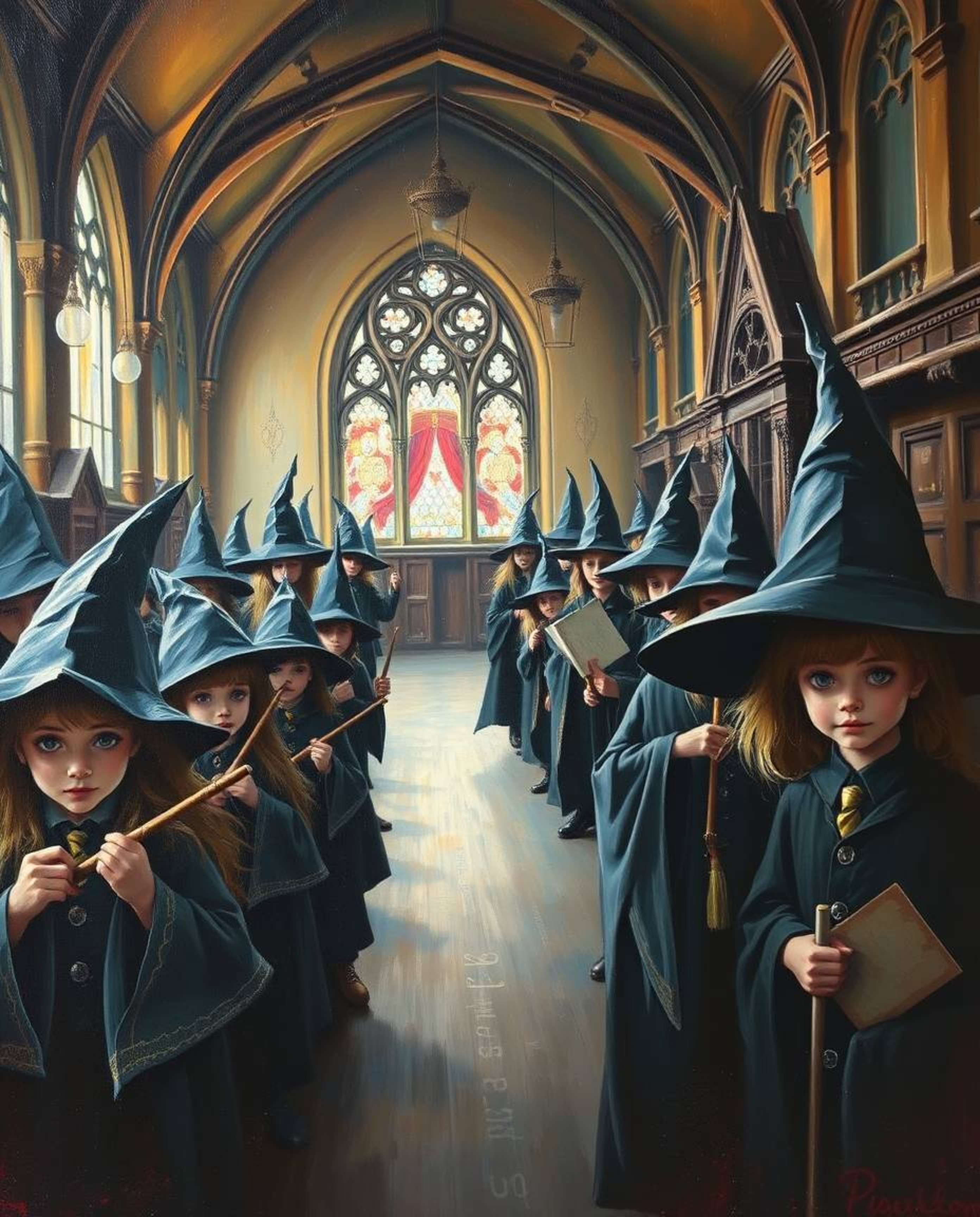 A captivating classic oil painting depicting a magical school teeming with young wizards. The artwork features a sharp focus 