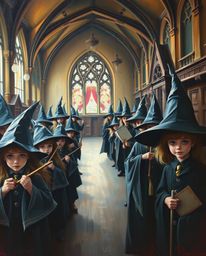 A captivating classic oil painting depicting a magical school teeming with young wizards. The artwork features a sharp focus 