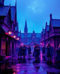 Immerse yourself in a captivating wet rainy scene rendered in deep ultraviolet hues, depicting a magical school teeming with 