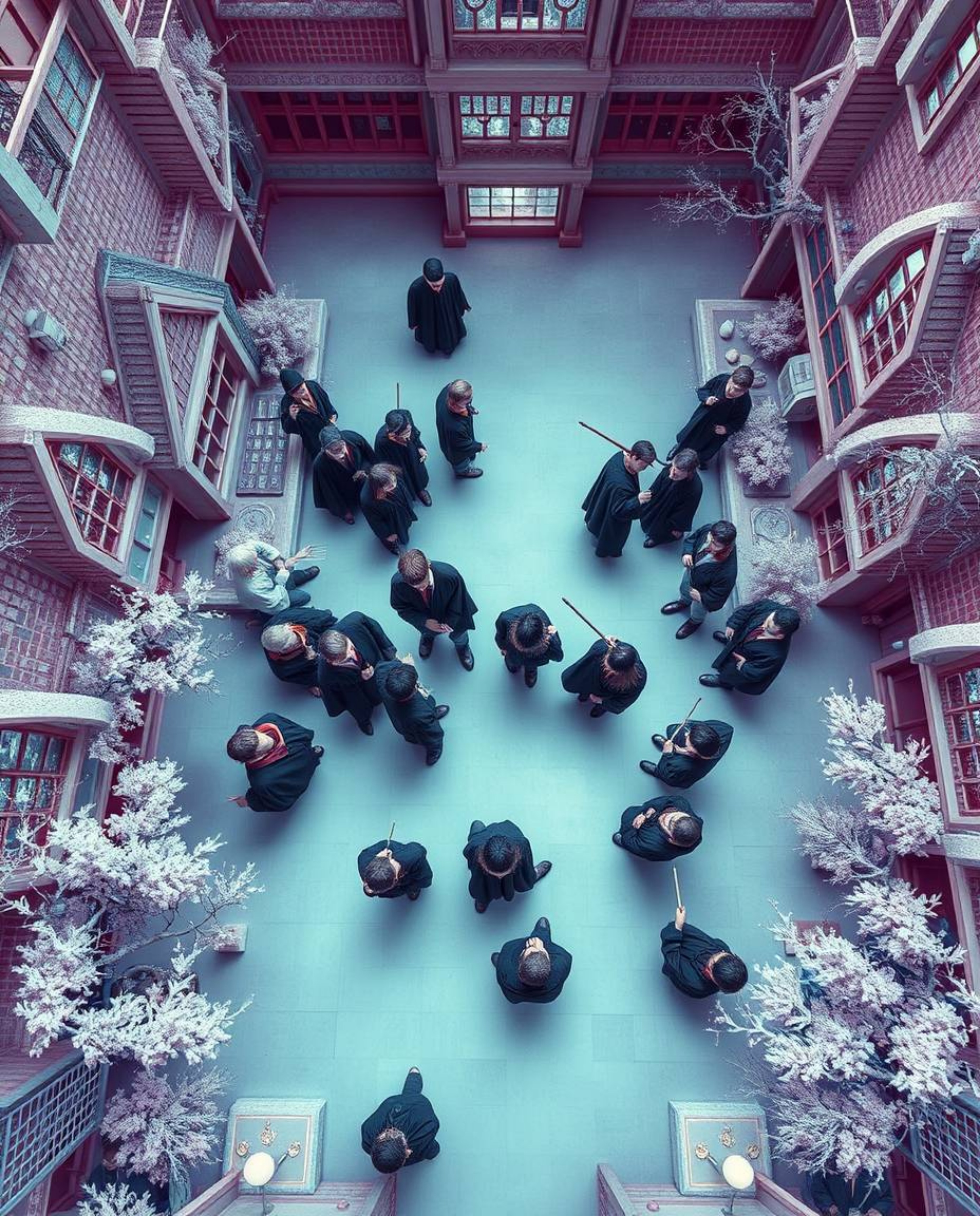Explore a magical school from a surreal, bird's-eye perspective in this captivating infrared photograph. Witness young wizard