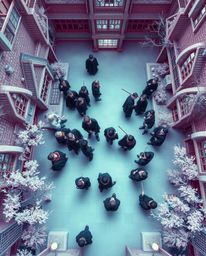 Explore a magical school from a surreal, bird's-eye perspective in this captivating infrared photograph. Witness young wizard