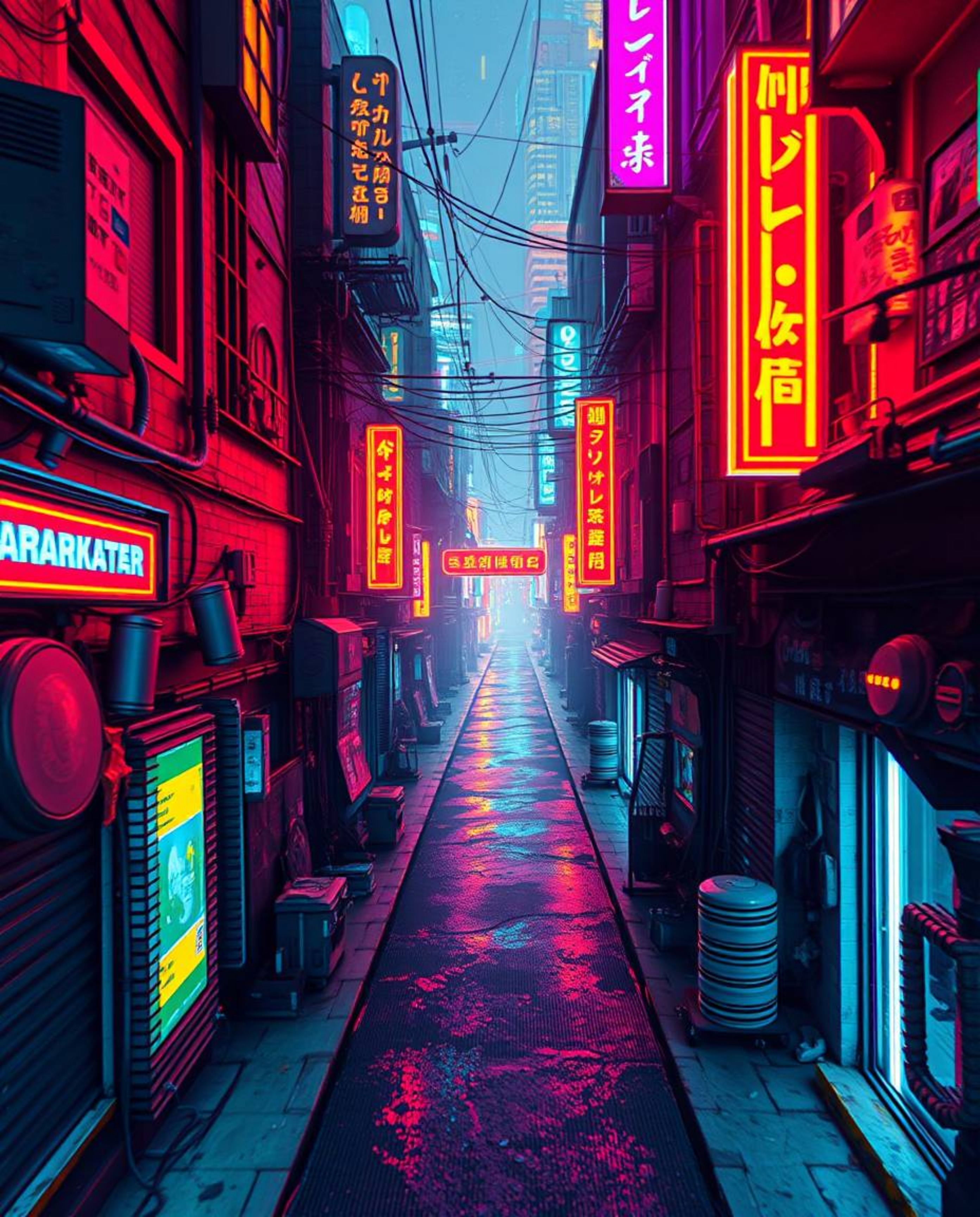 Immerse yourself in a pixelated glitch image of a cyberpunk street bathed in a neon haze, viewed from a captivating bird's-ey