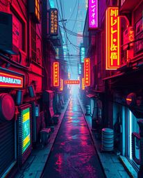 Immerse yourself in a pixelated glitch image of a cyberpunk street bathed in a neon haze, viewed from a captivating bird's-ey