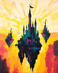 This vibrant acrylic painting depicts a fantastical kingdom with floating islands and majestic castles. The artwork utilizes