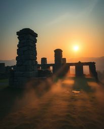 A volumetric lighting photograph captures adorable and charming ancient stone ruins at sunset. The scene features visible lig
