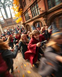 Experience the vibrant energy of a magical school brimming with young wizards in a dynamic, in-motion scene.  Rendered in war