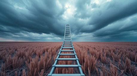 Explore a captivating minimalist scene in extreme macro close-up, featuring a silver ladder standing starkly in an open field
