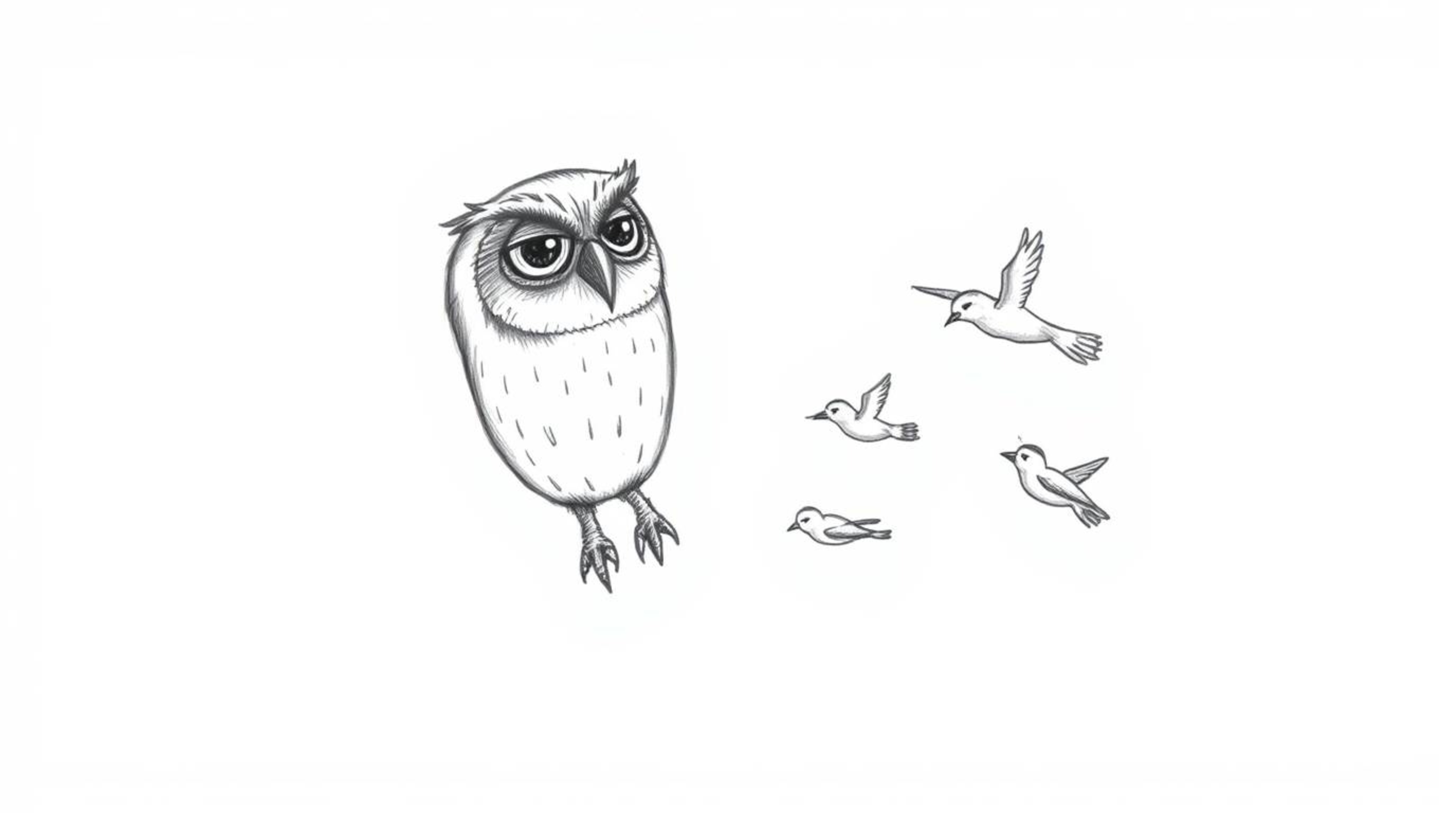 A captivating hand-drawn sketch in the style of Pixar depicts a blind owl, rendered with rough, textured pencil strokes on a 