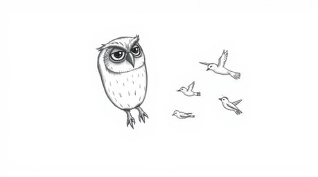 A captivating hand-drawn sketch in the style of Pixar depicts a blind owl, rendered with rough, textured pencil strokes on a 