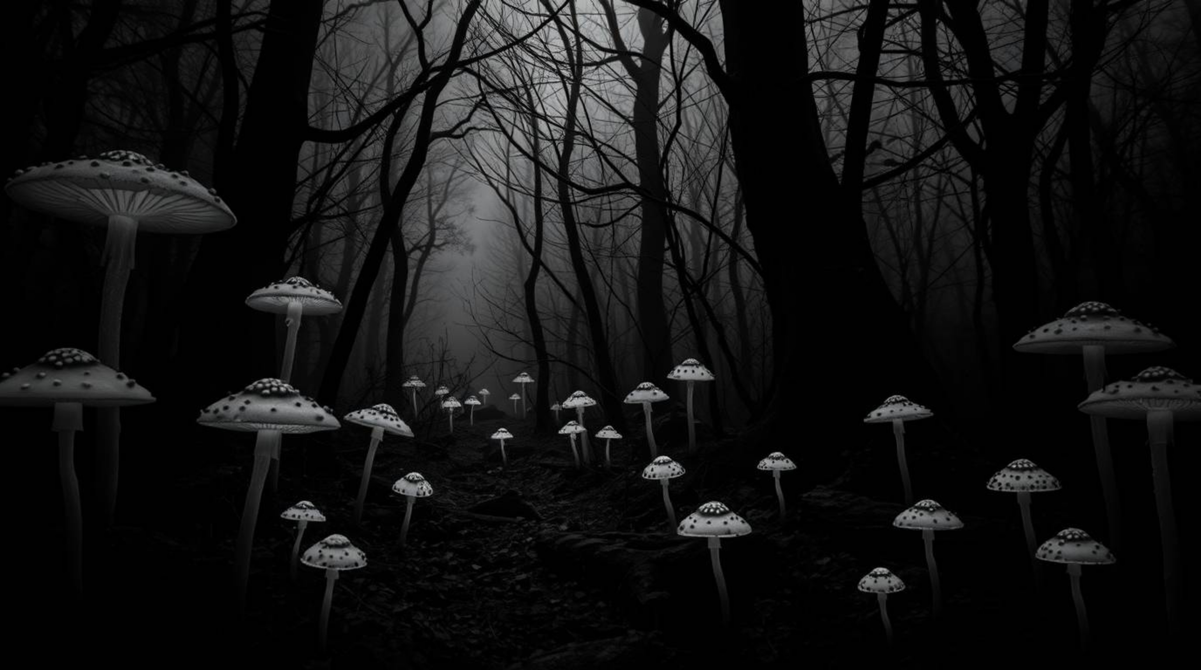 Immerse yourself in a classic black and white, eerily creepy atmosphere within a vintage-style enchanted forest. Glowing mush