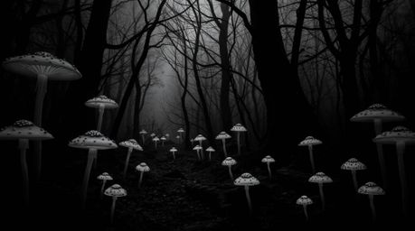 Immerse yourself in a classic black and white, eerily creepy atmosphere within a vintage-style enchanted forest. Glowing mush
