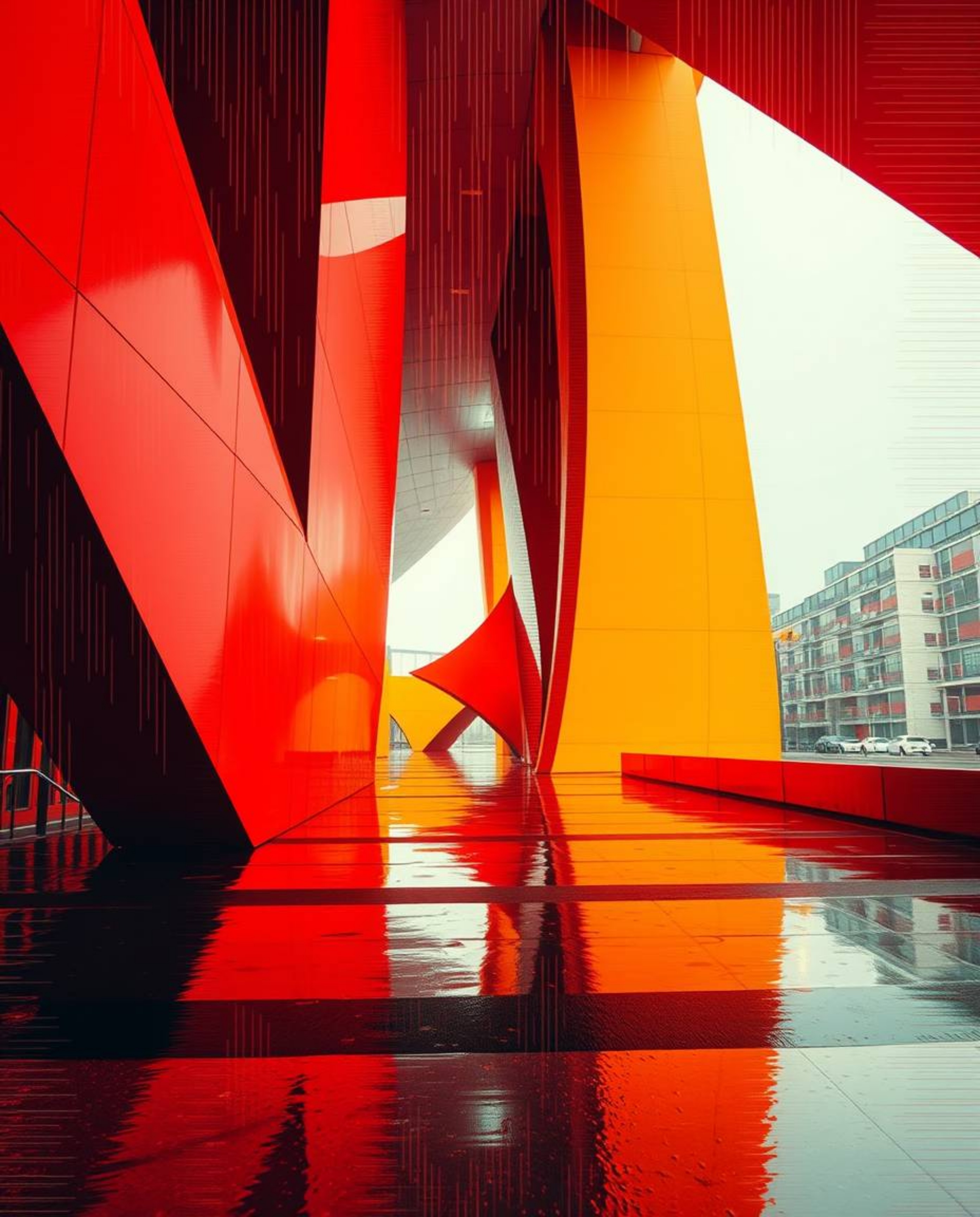 A precise architectural color photograph showcasing abstract shapes with glitch effects, fragmentation, and scanlines.  The i