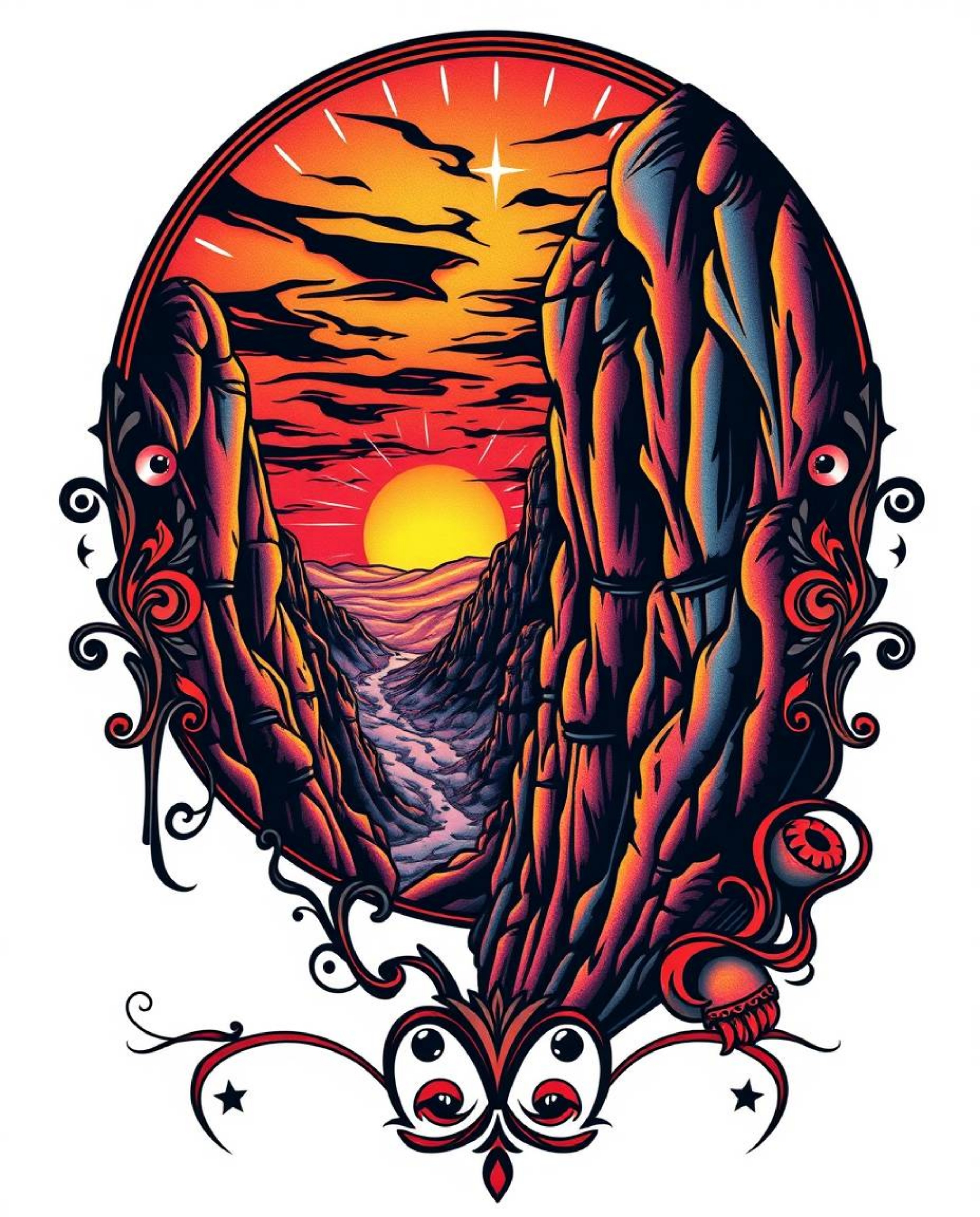 A symbolic traditional tattoo art print, set against a clean white background, depicts a sunset illuminating sandstone cliffs