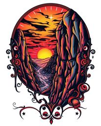 A symbolic traditional tattoo art print, set against a clean white background, depicts a sunset illuminating sandstone cliffs