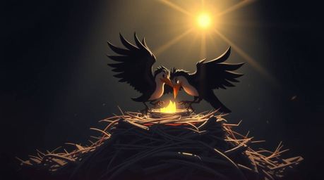Witness a grand, epic scene of two cartoon birds meticulously constructing their nest in a classic animation style.  The artw
