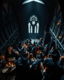 Explore a magical school teeming with young wizards, captured from a dramatic high-angle perspective. The scene is bathed in