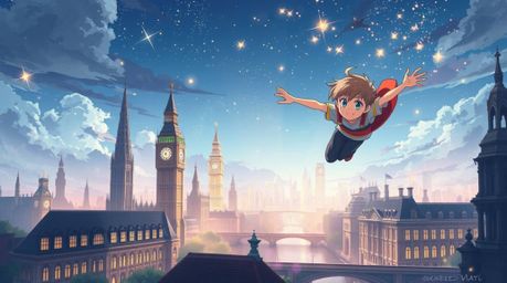 An expressive anime-style illustration featuring a young boy soaring above London, enhanced by magical pixie dust. This visua
